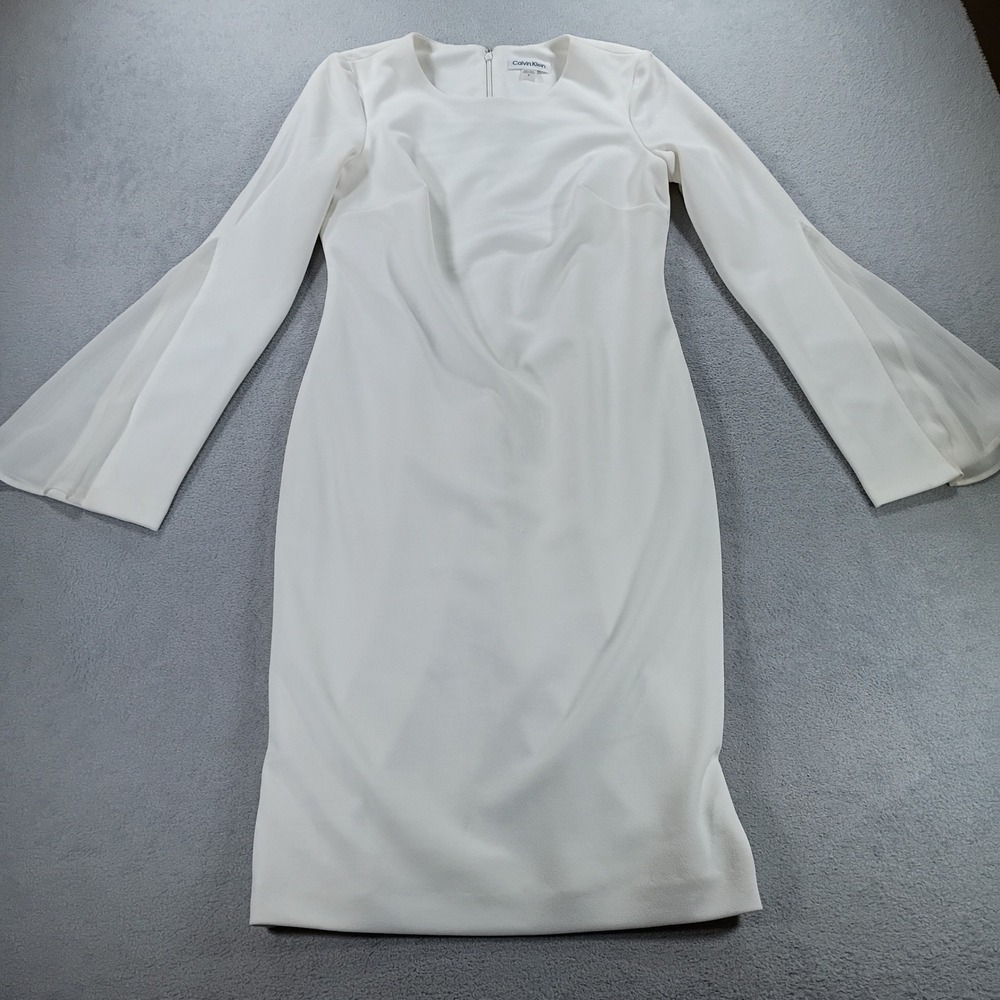 Calvin Klein Women Sheath Dress White 4 Bell Sleeve Pleated Detail